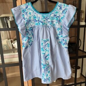Emilia Collection blouse top embroidered oaxaca ruffle handmade turquoise tunic